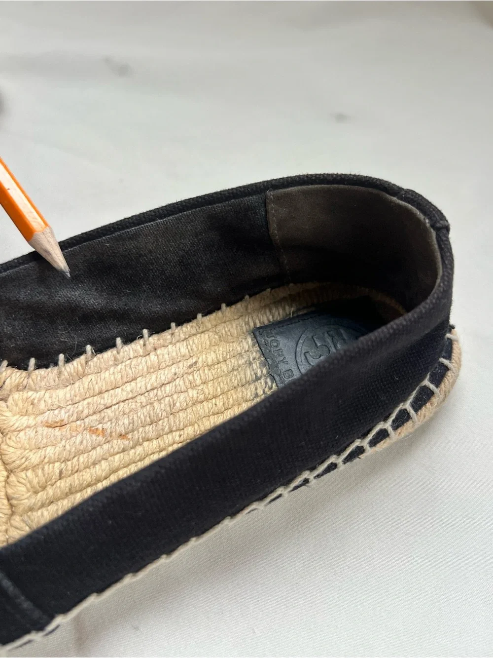 Tory Burch 5.5 6 Black Canvas Leather Logo Cap Toe Espadrille Flats Luxe Travel